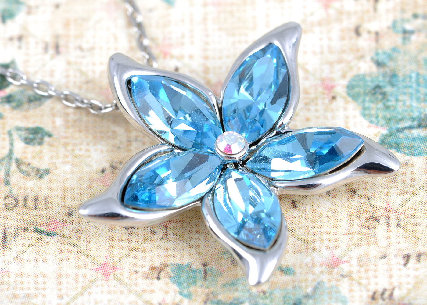 Swarovski Crystal Women's Aquamarine Blue Flower Pendant Necklace With Silver Chain