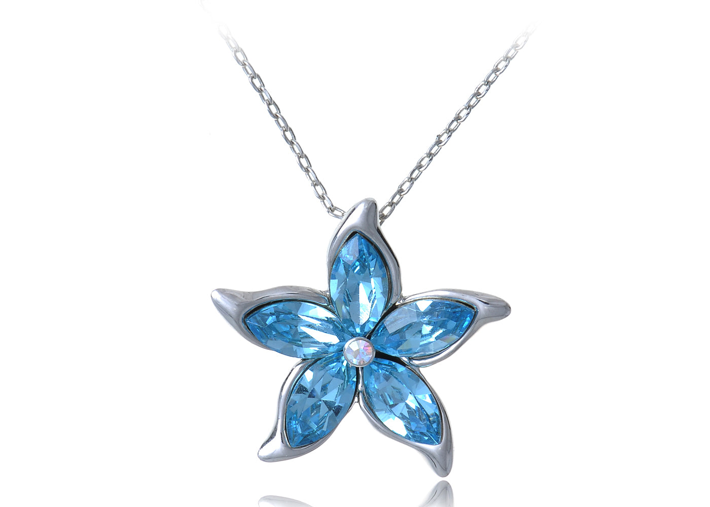 Swarovski Crystal Women's Aquamarine Blue Flower Pendant Necklace With Silver Chain