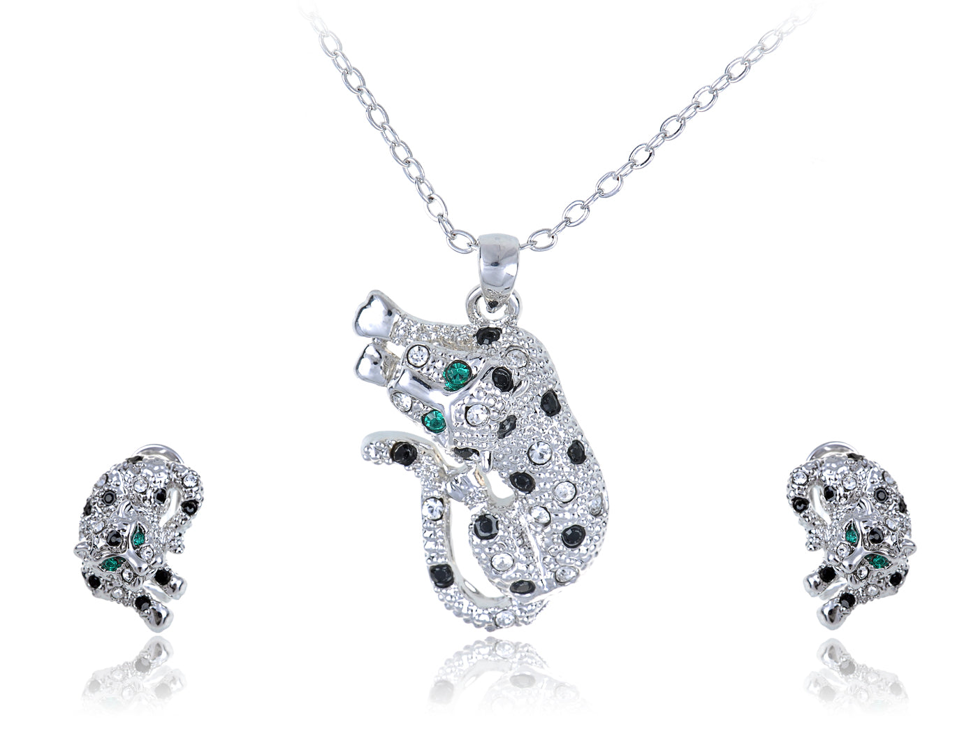 Swarovski Crystal Black And Spotted Leopard With Emerald Green Eyes Pendant And Studs Set
