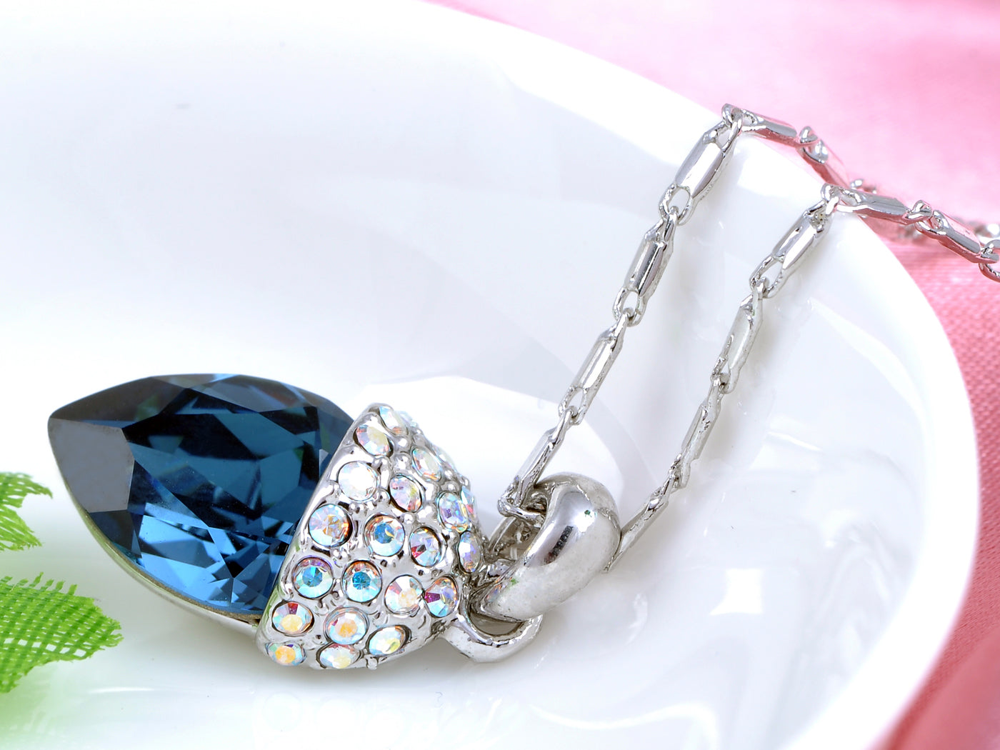 Swarovski Crystal Half Circle Atop Deep Blue Upside Down Tear Drop Pendant Necklace