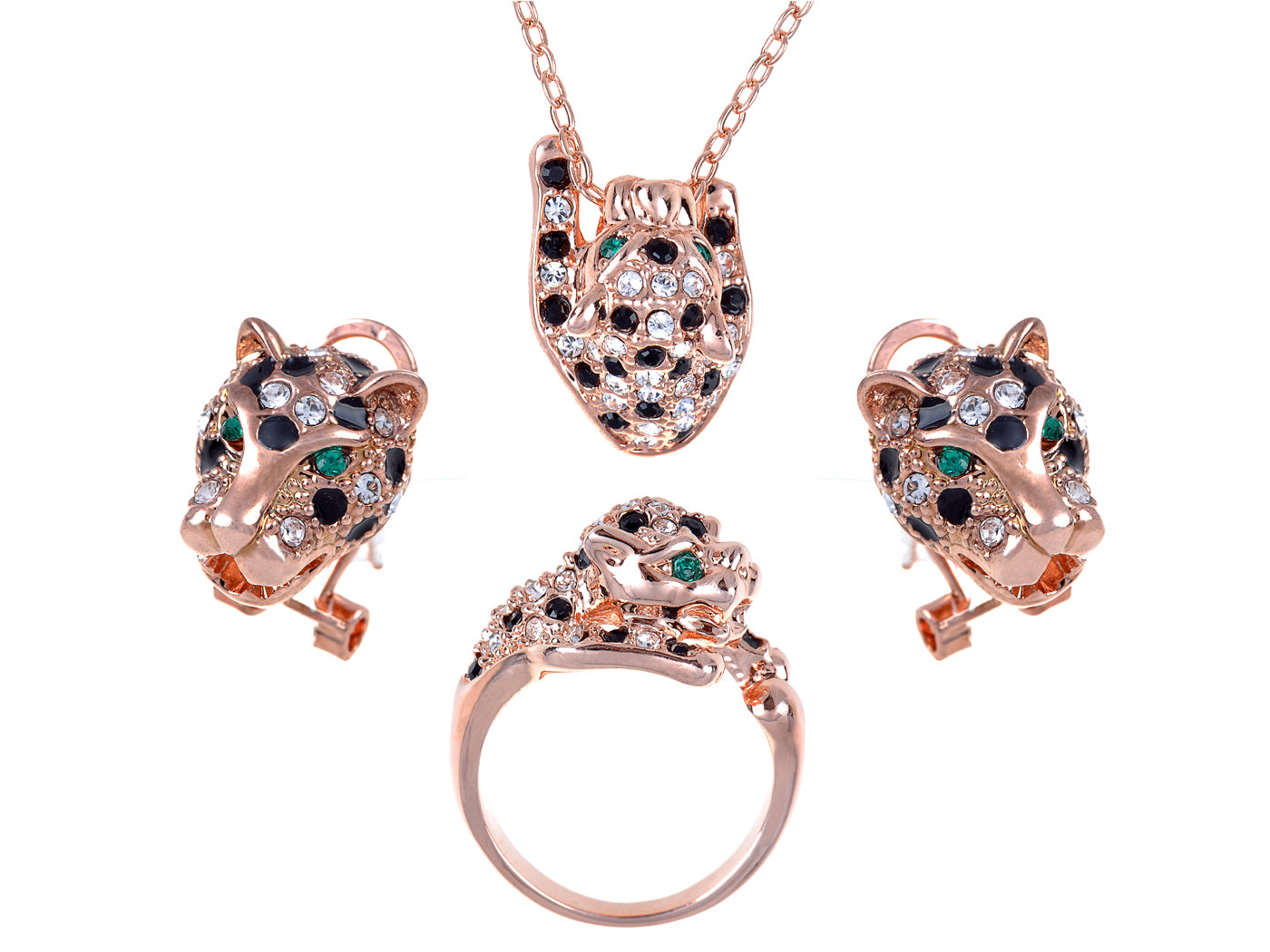 Swarovski Crystal Rose Gold D Emerald Green Eyed Cheetah Pendant Necklace