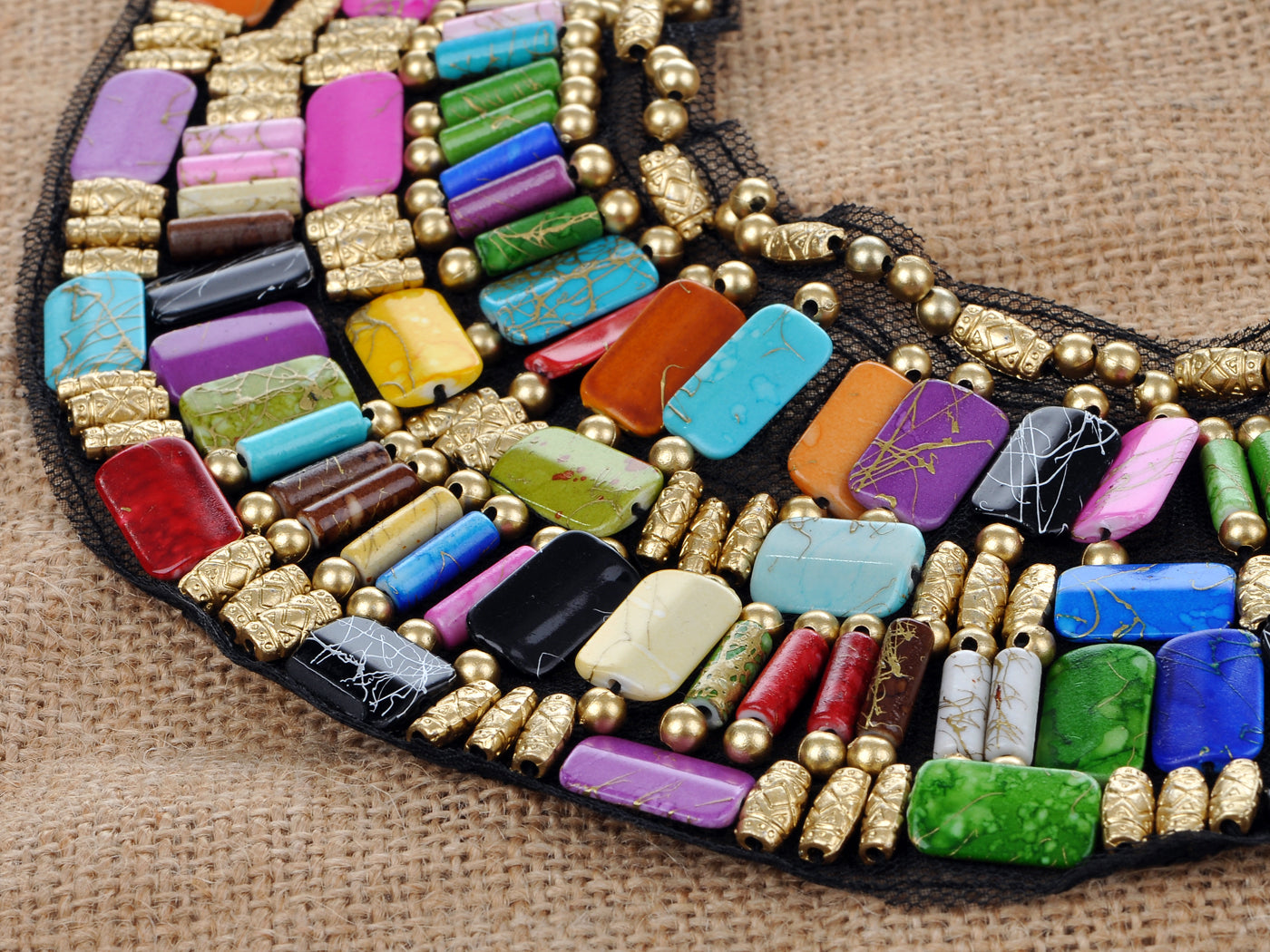 Black Tribal U Shaped Draped Multicolour Rainbow Beads Statement Necklace