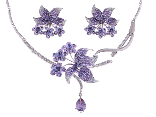 Swarovski Crystal Purple Floral Lily Bib Necklace Stud Earrings Set