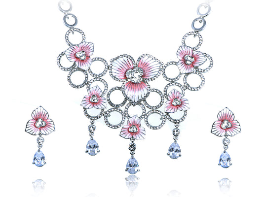 Swarovski Crystal Elements Bridal Pale Pink Flowers Orbs Necklace Earring Set