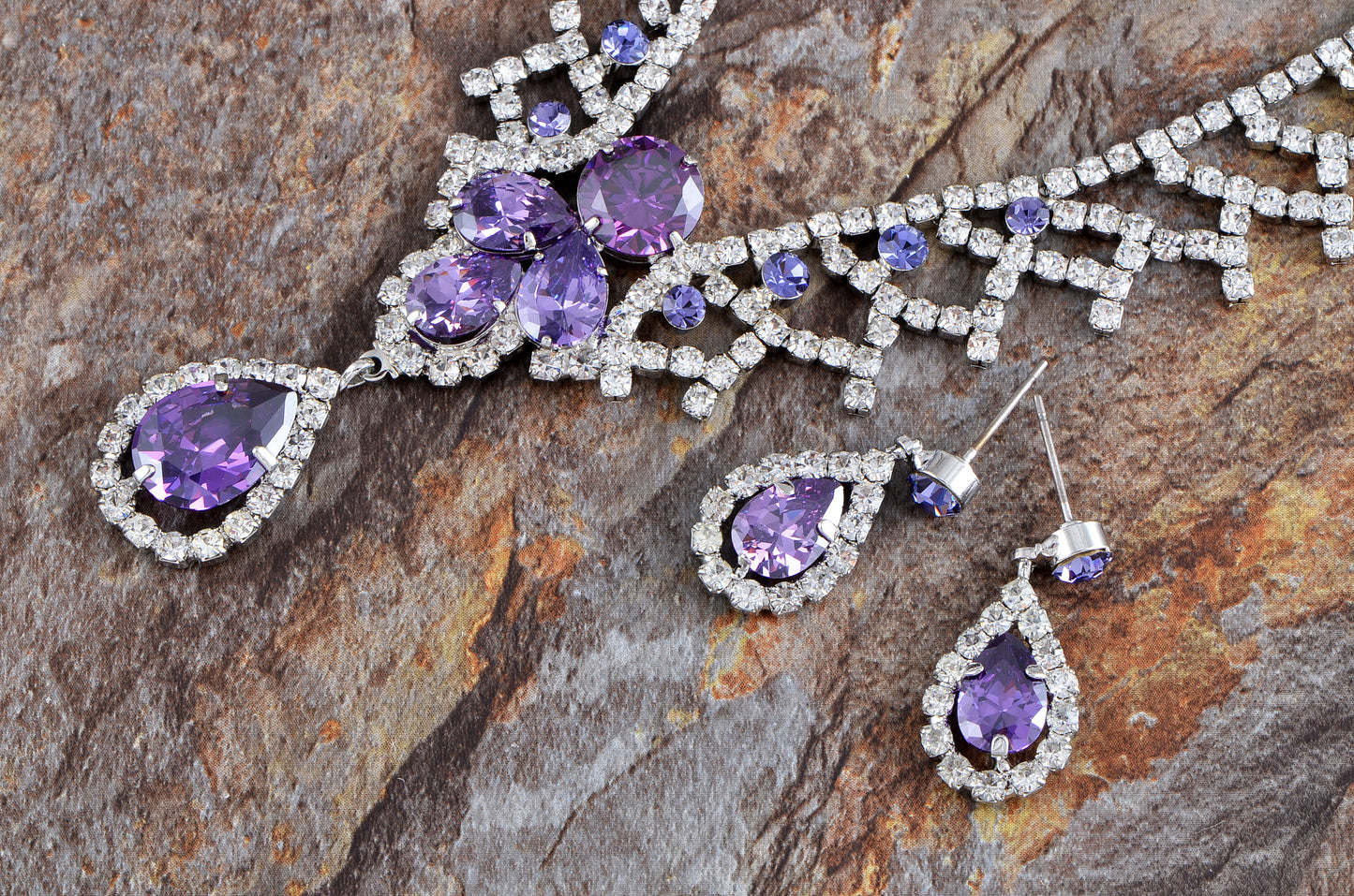 Swarovski Crystal Elements Bridal Amethyst Teardrop Collar Necklace Earring Set