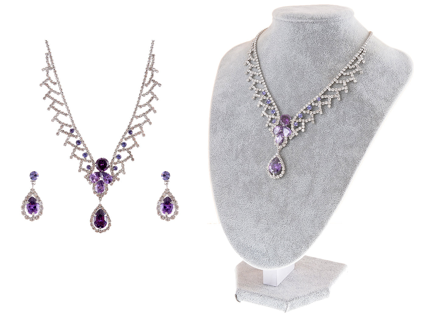 Swarovski Crystal Elements Bridal Amethyst Teardrop Collar Necklace Earring Set