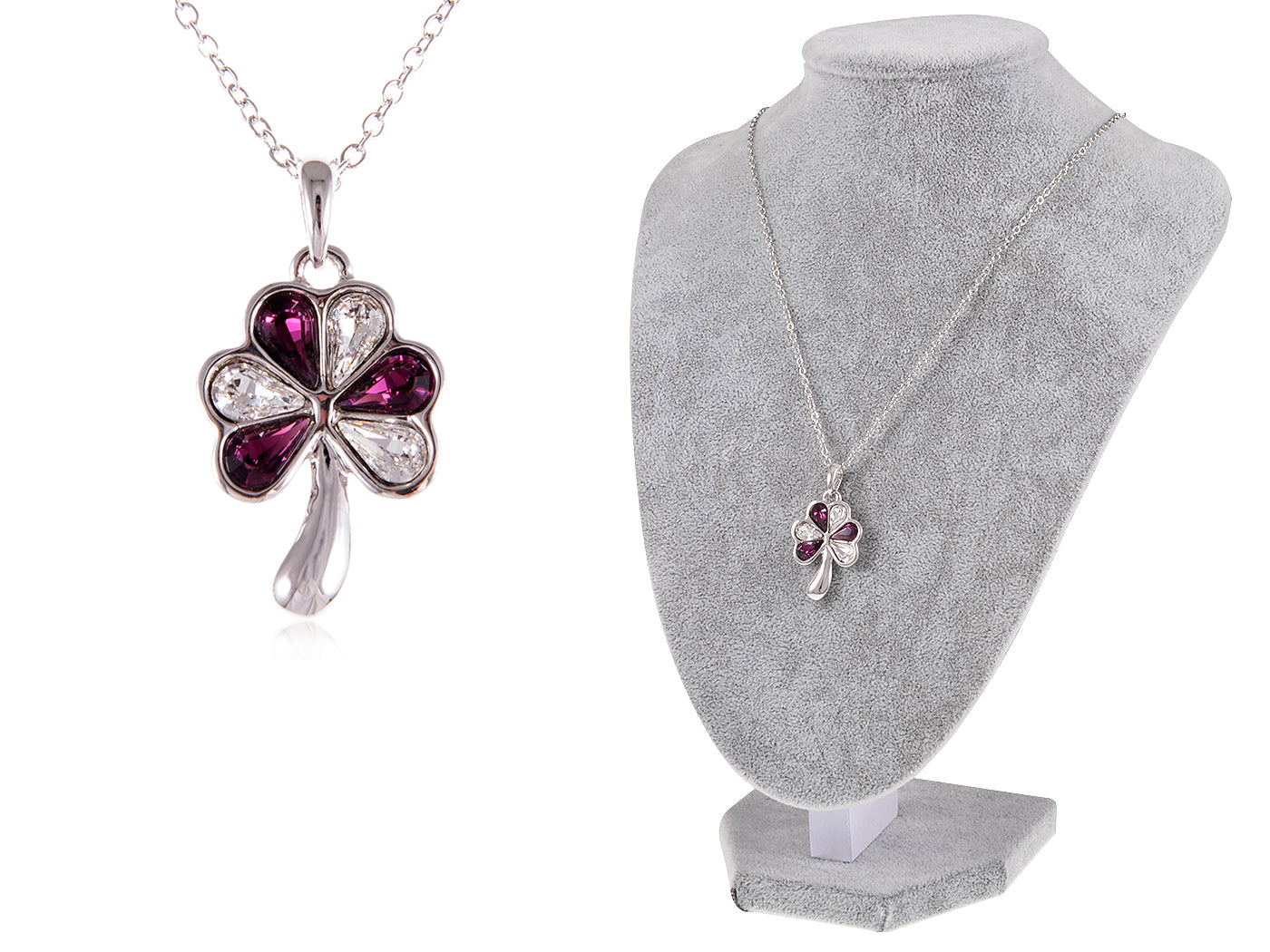 Swarovski Crystal Amethyst Chain Three Leaf Heart Clover Necklace