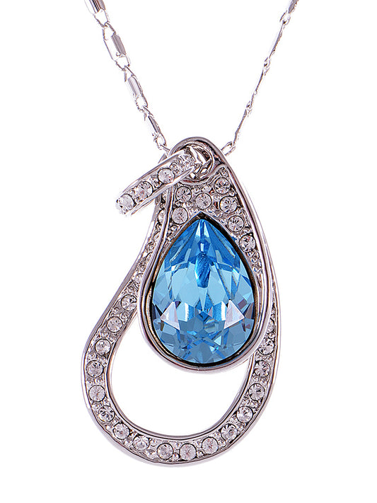 Swarovski Crystal Antique Ocean Blue Topaz Frozen Teardrop Dangling Gem Silver Pendant Necklace