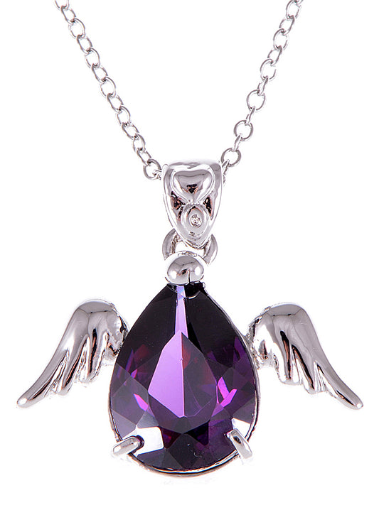 Swarovski Crystal Silver Angel Wings Dangling Purple Teardrop Pendant Necklace