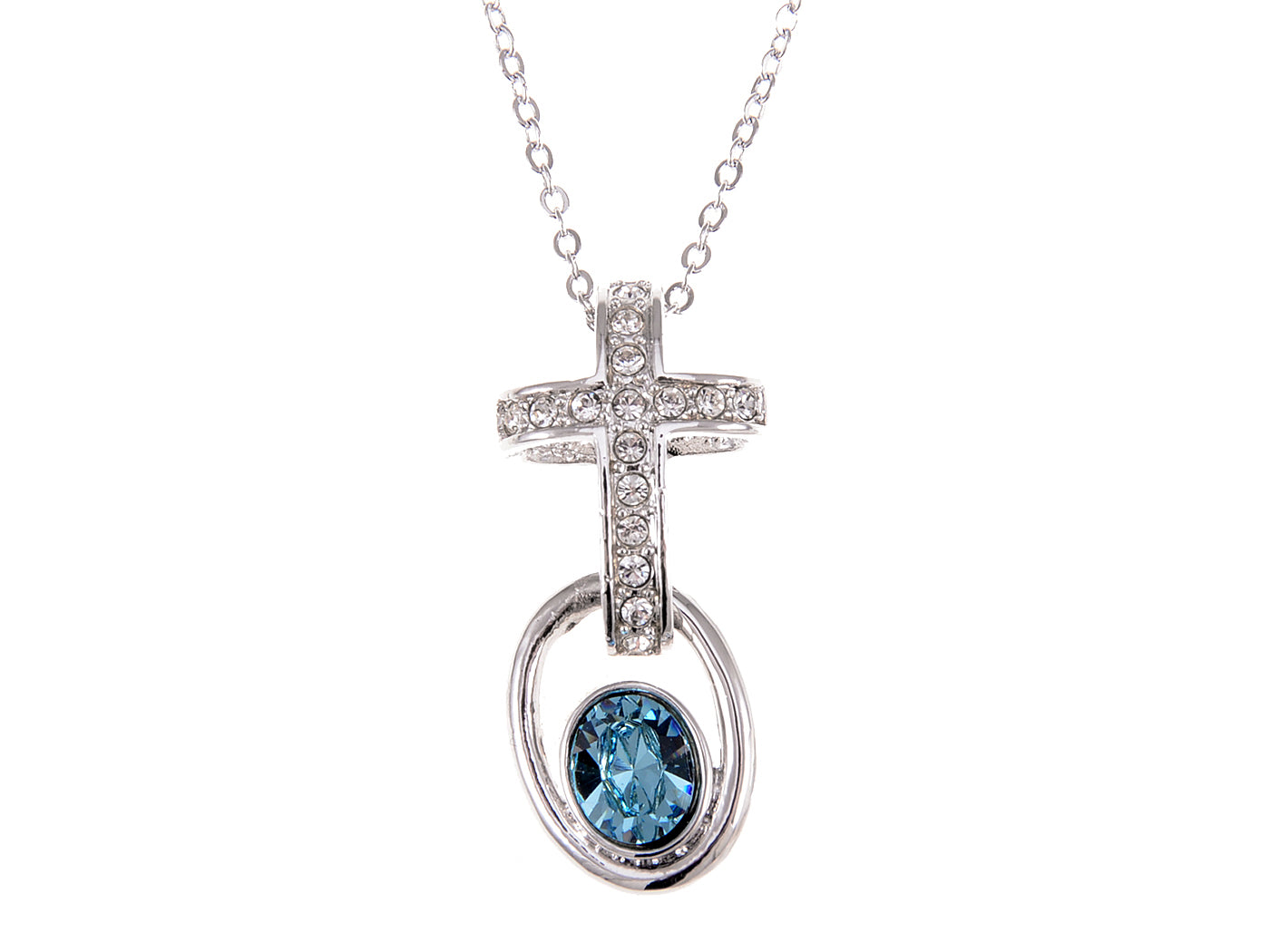 Swarovski Crystal Silver Blue Zircon Elements Cross Orb Necklace