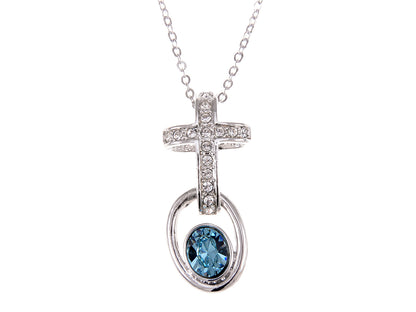 Swarovski Crystal Silver Blue Zircon Elements Cross Orb Necklace