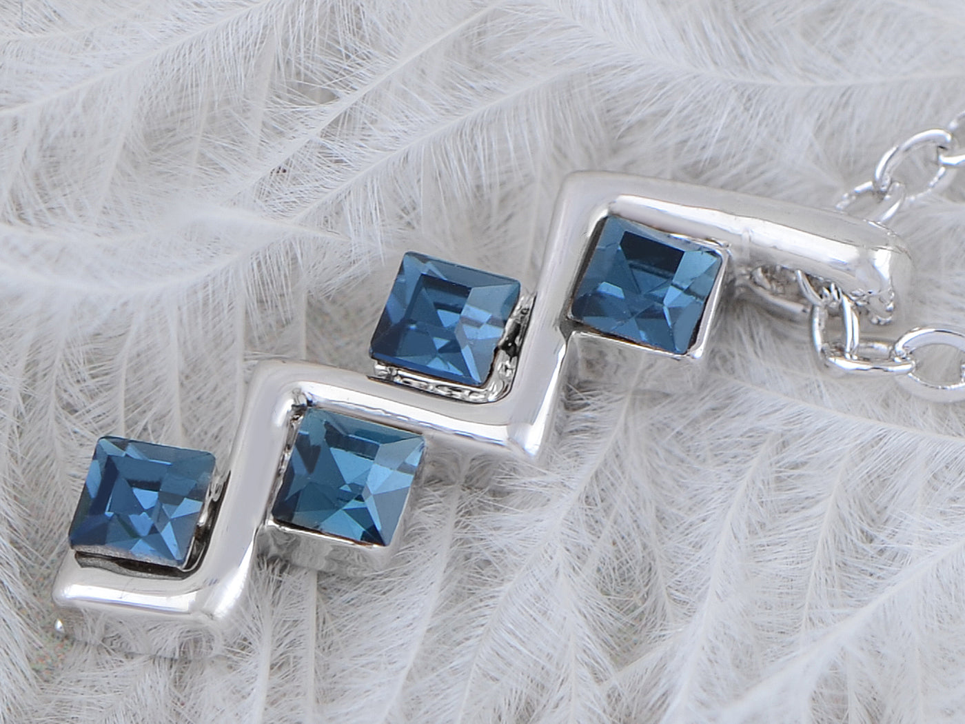 Swarovski Crystal Classic Square Blue Silver Zigzag Pendant Necklace