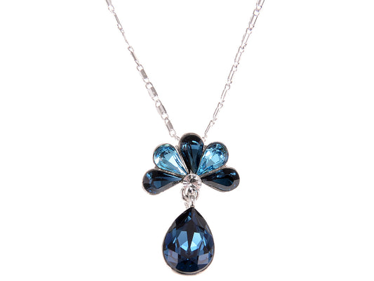 Swarovski Crystal Capri Blue Elements Peacock Feather Teardrop Necklace