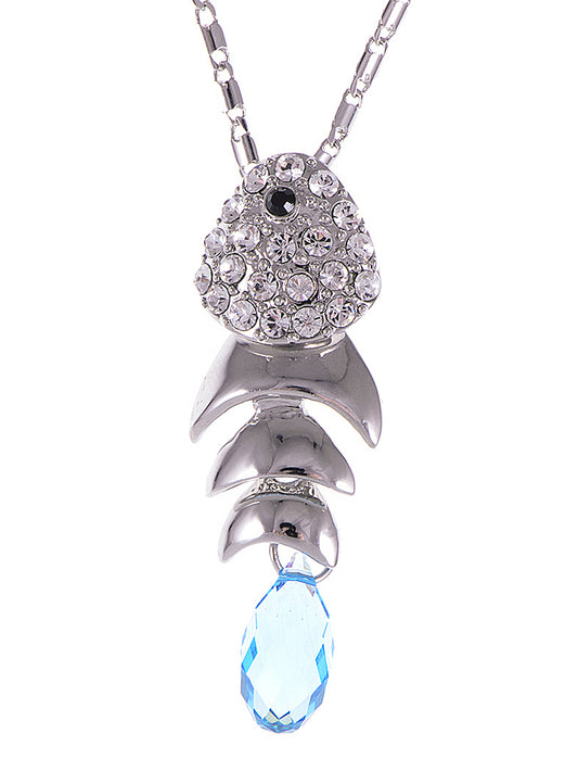 Swarovski Crystal Silver Aquamarine Fish Bone Necklace