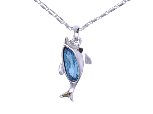 Swarovski Crystal Elements Aquamarine Silver Dolphin Fish Necklace