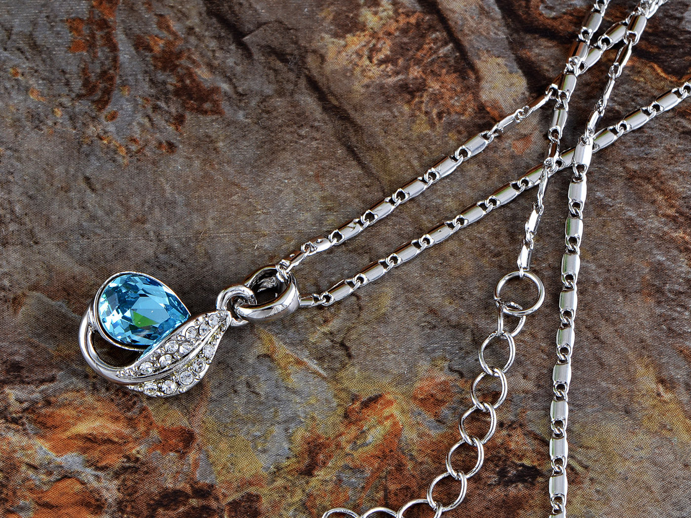 Swarovski Crystal Elements Light Sapphire Teardrop Leaf Charm Pendant Necklace