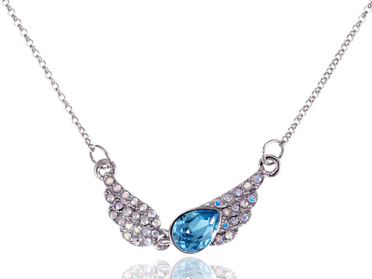 Swarovski Crystal Element Aurora Borealis Aqua Teardrop Angel Wing Necklace