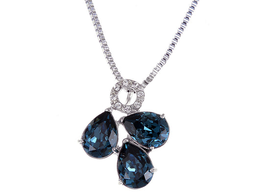 Swarovski Crystal Element Sapphire Teardrop Trio Cluster Pendant Necklace