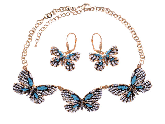 Aqua Blue Butterflies Midst Glory Everlasting Earrings Necklace Set