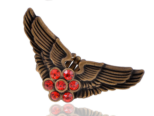 Vintage Polish Ruby Flower Center Pilot Aviator Angel Bird Wings Stretch Ring