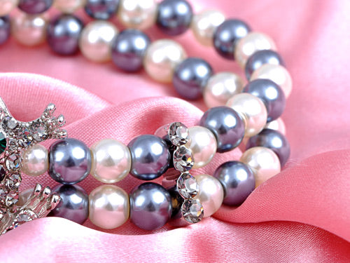 Two Row Pearl Sparkle Cluster Frog Clasp Bracelet