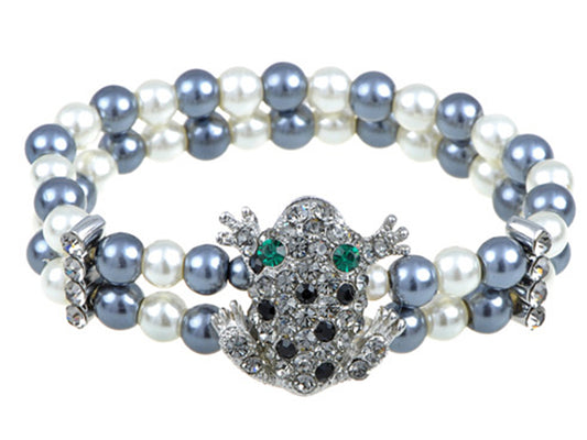 Two Row Pearl Sparkle Cluster Frog Clasp Bracelet