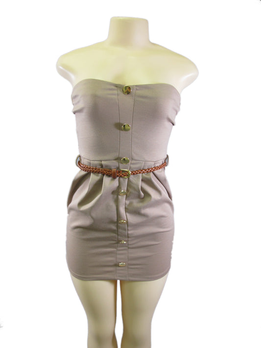 Taupe Strapless Gold Button Down Cinched Waistline Faux Leather Belt Lady Dress