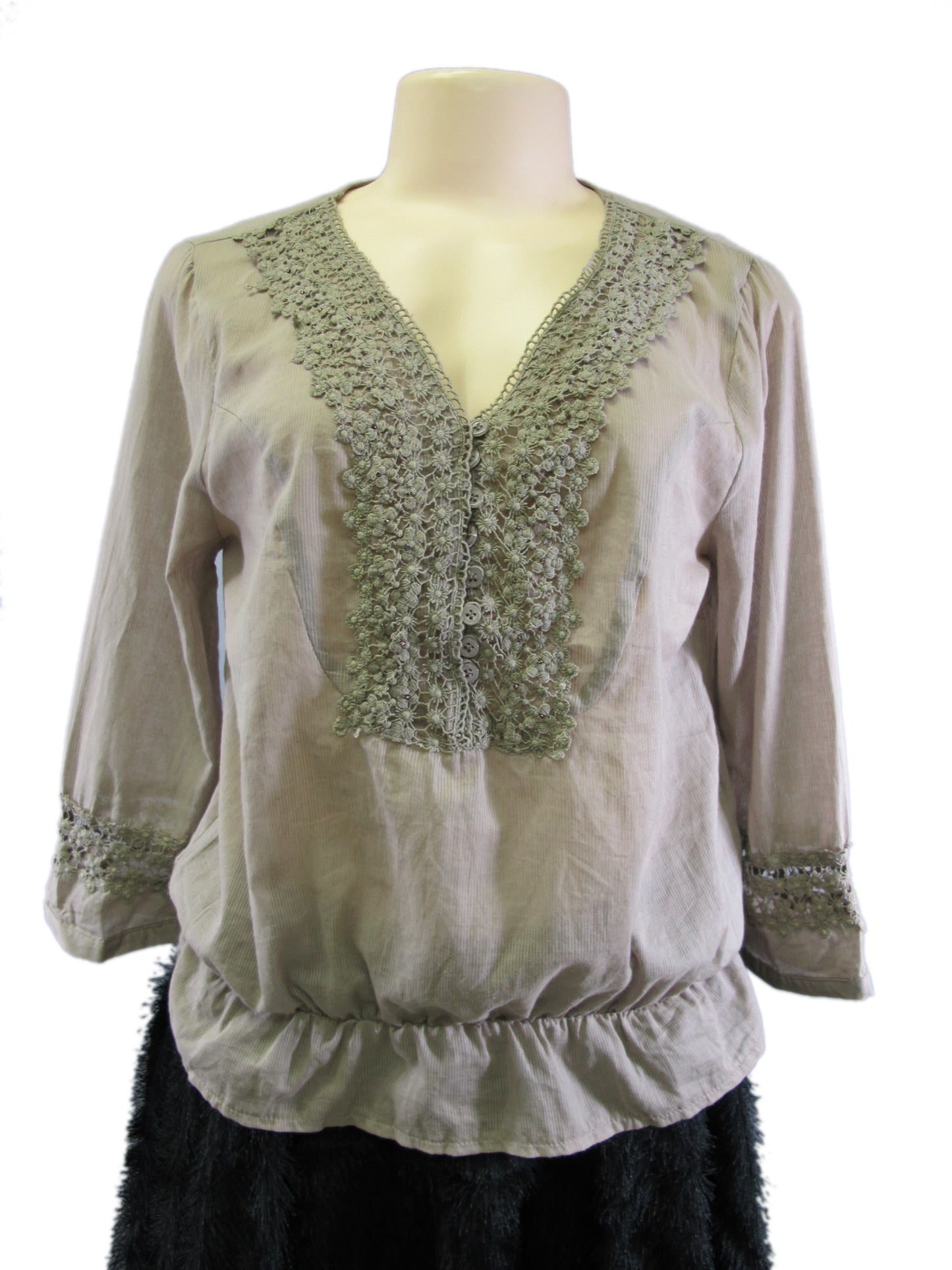Pretty Women's Crochet Beaded Trim Taupe Peasant Top Gathered Waist Made in USA