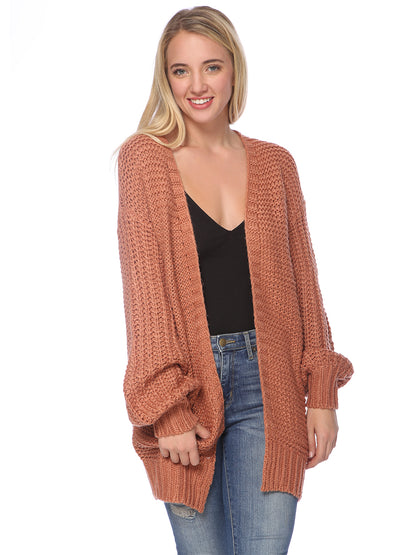 Puff Sleeve Waffle Knit Cardigan