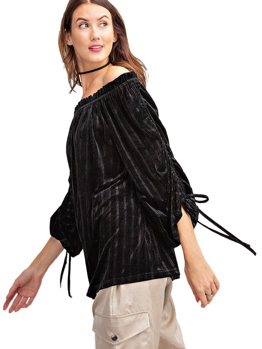 Velvet Ruched Tie-Up Quarter Sleeve Top