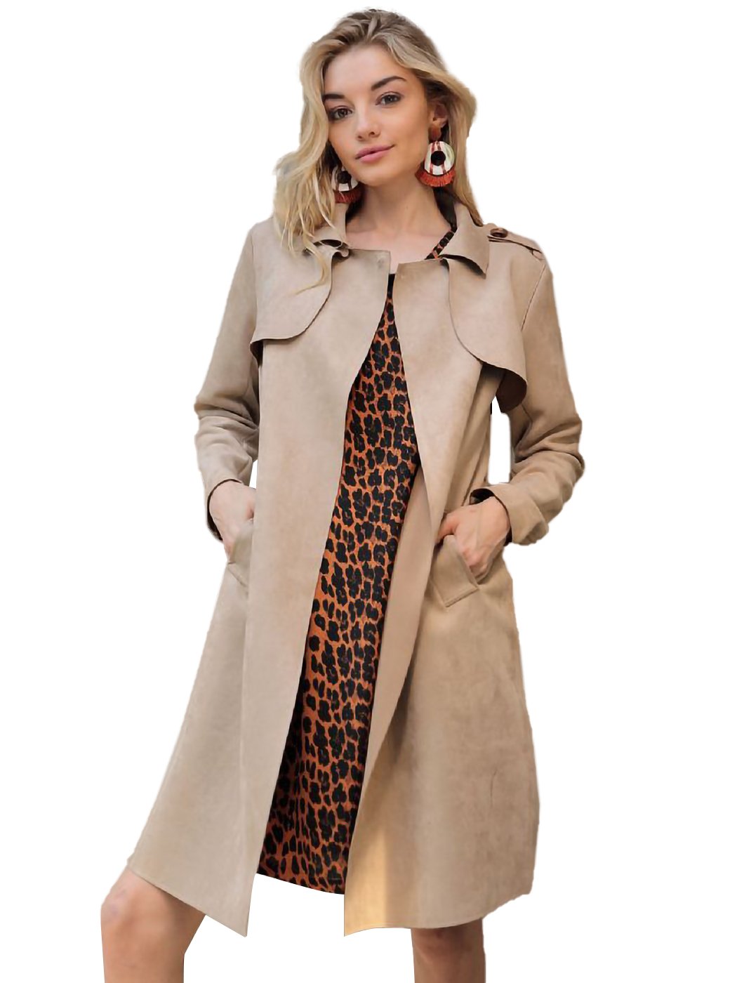 Vegan Leather Suede Belted Trench Coat