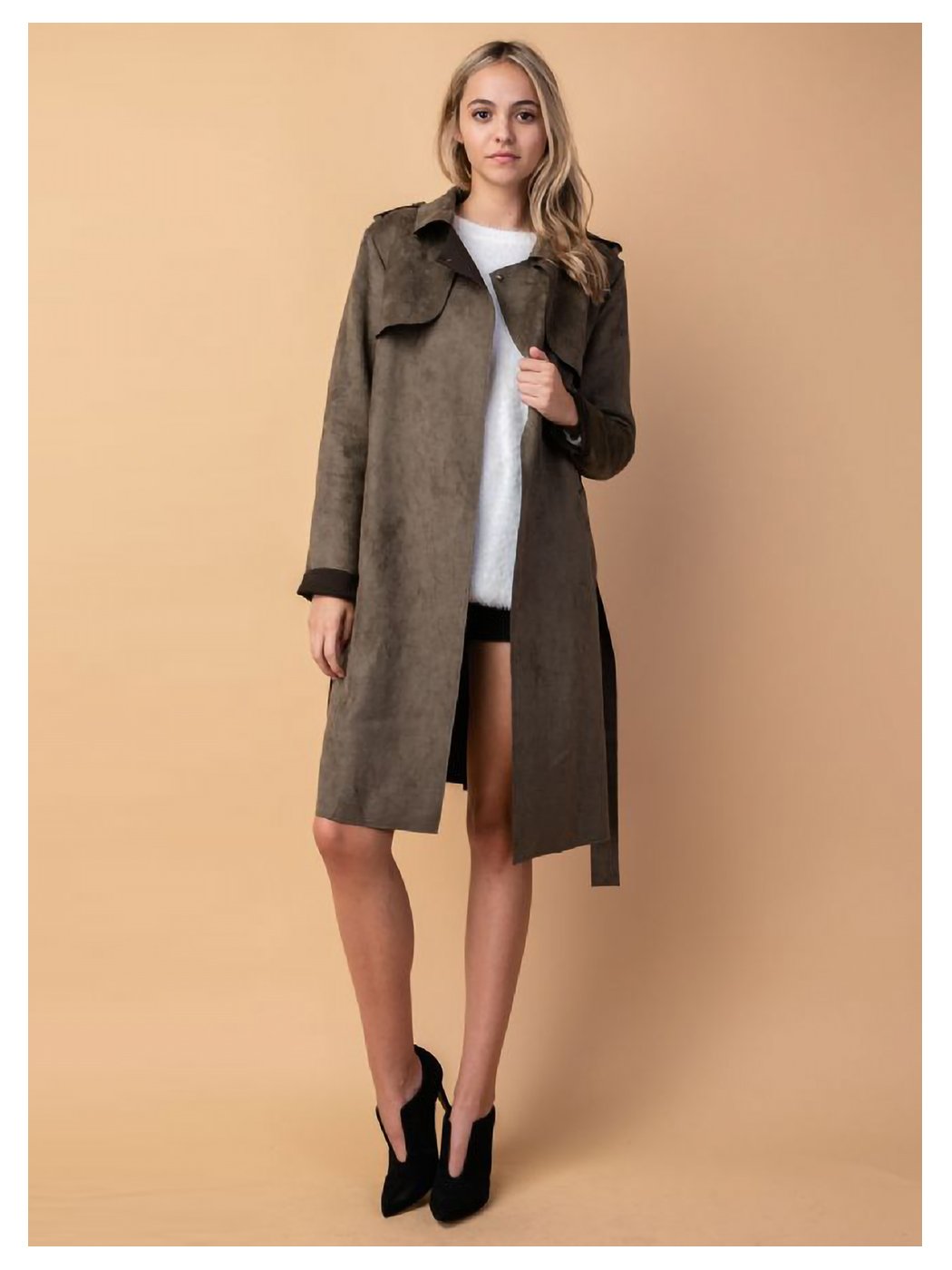 Vegan Leather Suede Belted Trench Coat
