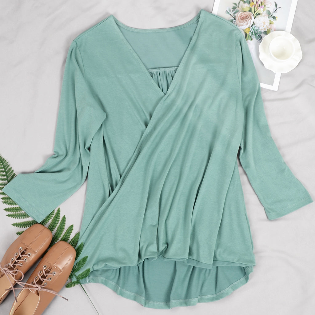 Casual V-Neck Gathered Long Sleeve Top
