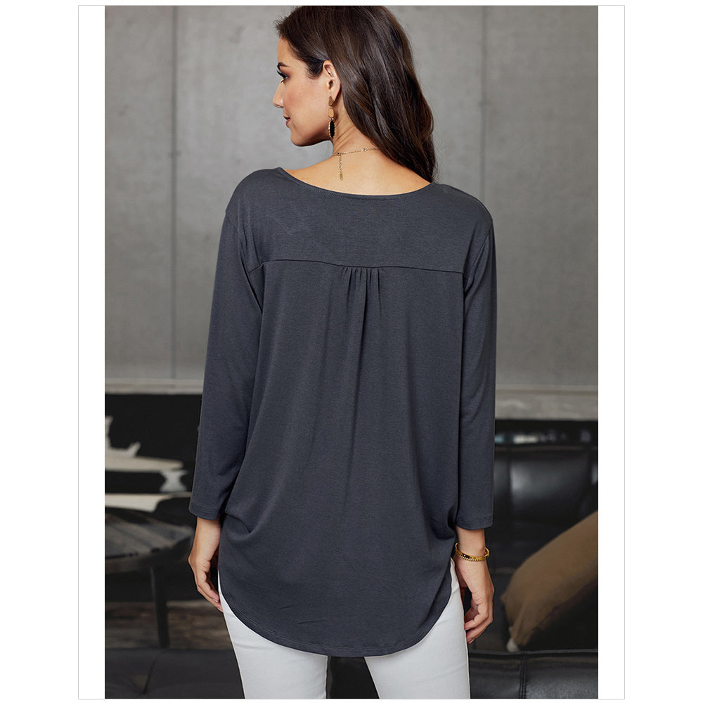 Casual V-Neck Gathered Long Sleeve Top