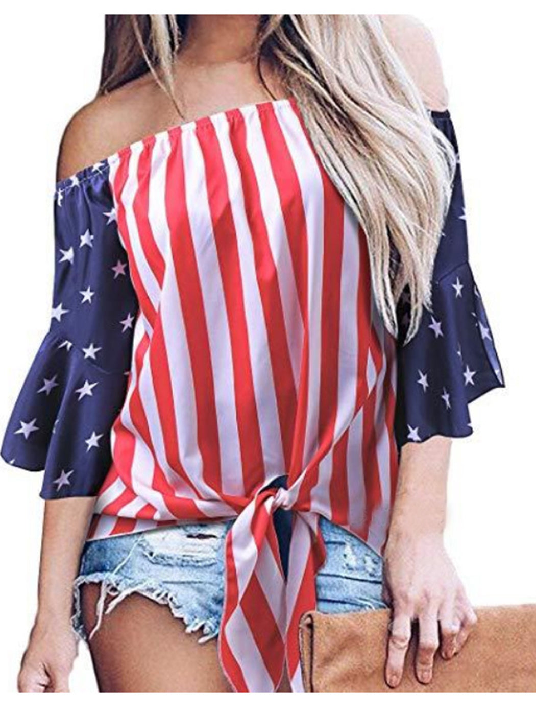 Trumpet Sleeve Tie-Front American Flag Blouse