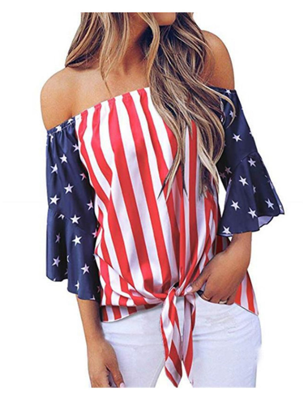 Trumpet Sleeve Tie-Front American Flag Blouse