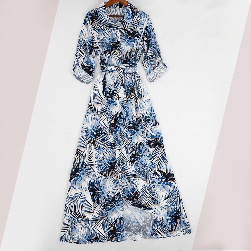 Printed High Waist Chiffon Button Dress