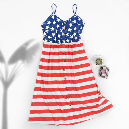 Independence Day Flag Dress With Suspenders And Buttons