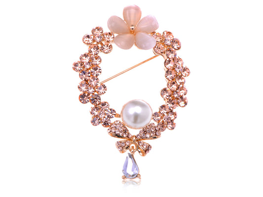 Topaz Pearl Floral Wreath Bow Brooch Pin