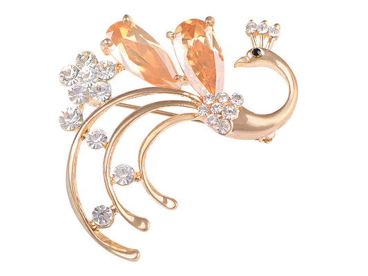 Gold Orange Topaz Color Peacock Bird Brooch Pin