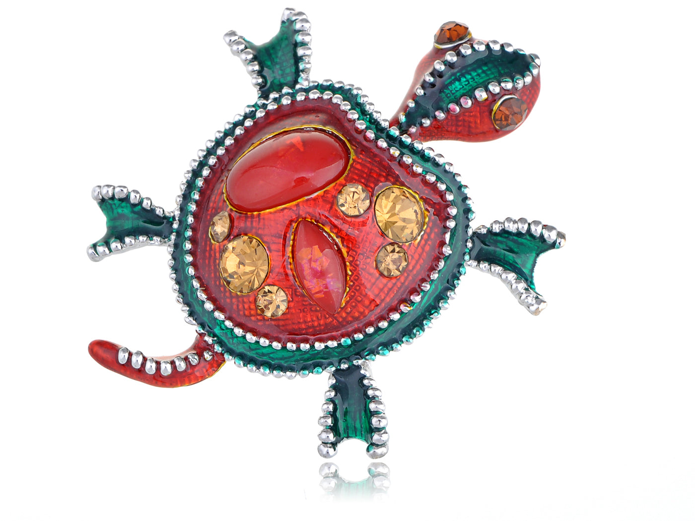 Ruby Emeraly Enamel Paint Bead Turtle Pin Brooch