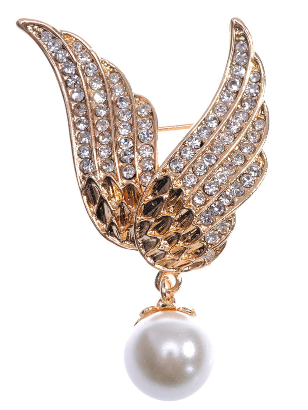 Gold Flying Angel Wings With Dangling Pearl Pin Brooch