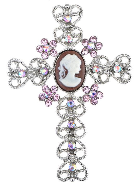Silver Pink Flower Heart Cameo Cross Brooch Pin