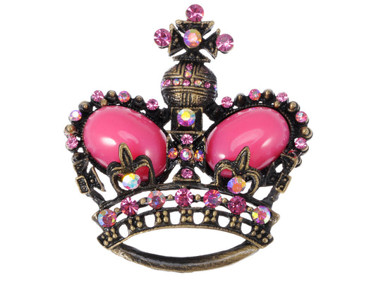 Vintage Fuchsia Pink Bead Brass Crown Pin Brooch