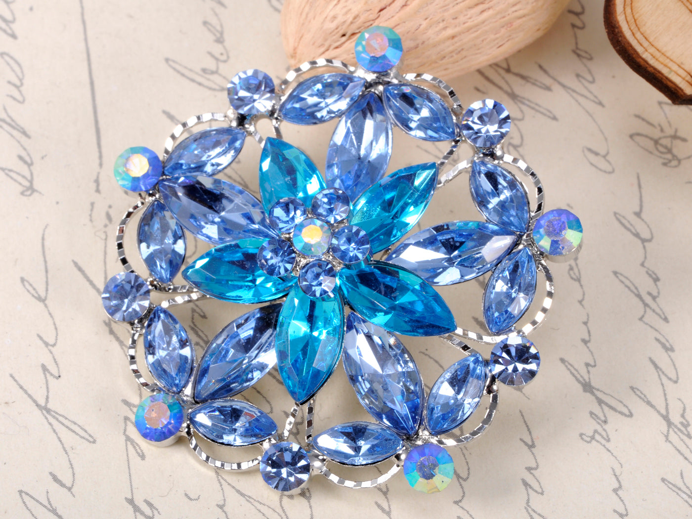 Silver Blue Gemss Floral Flower Wreath Crest Shield Brooch Pin
