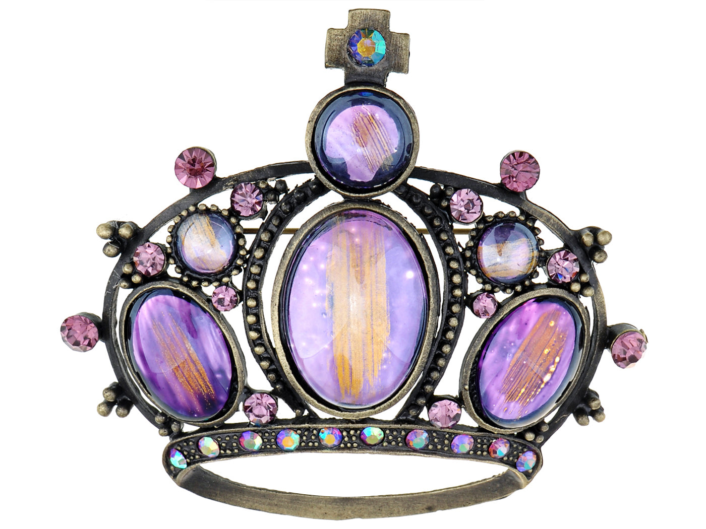 Rose Pink Purple Cat Eye Crown Pin Brooch