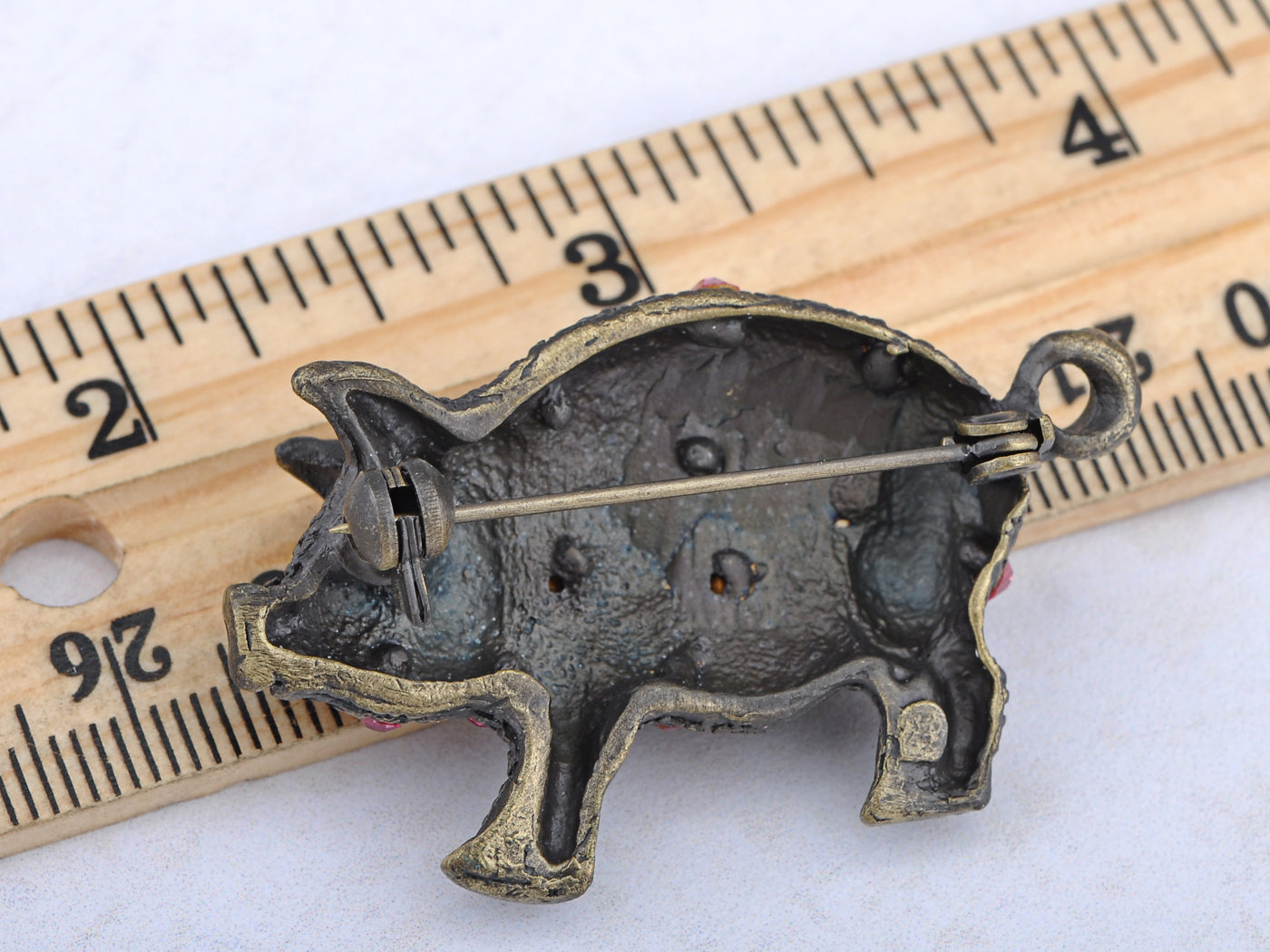 Antique Brass Pink Vintage Pig Piggy Bank Brooch Pin