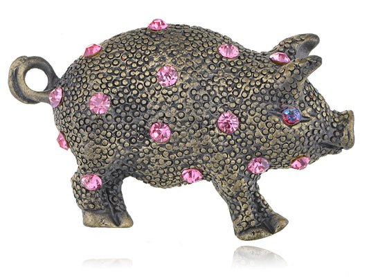 Antique Brass Pink Vintage Pig Piggy Bank Brooch Pin