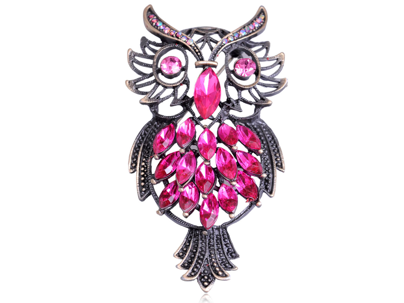 Vintage Pink Marquise Feather Owl Pin Brooch