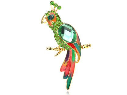 Green Enamel Tropical Parrot Bird Brooch Pin